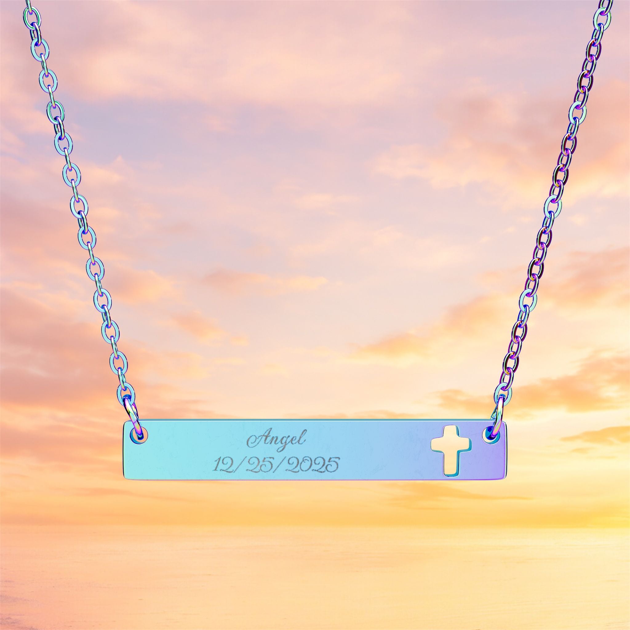 Cutout Cross Bar Necklace | Engraved Bar Pendant, Christian Jewelry