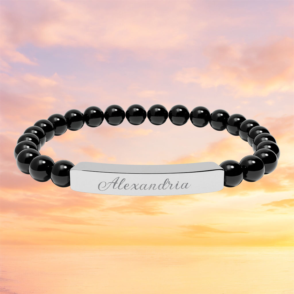 Engraved Bar Natural Stone Bracelet | Personalized Name Bead Gift For Keepsake