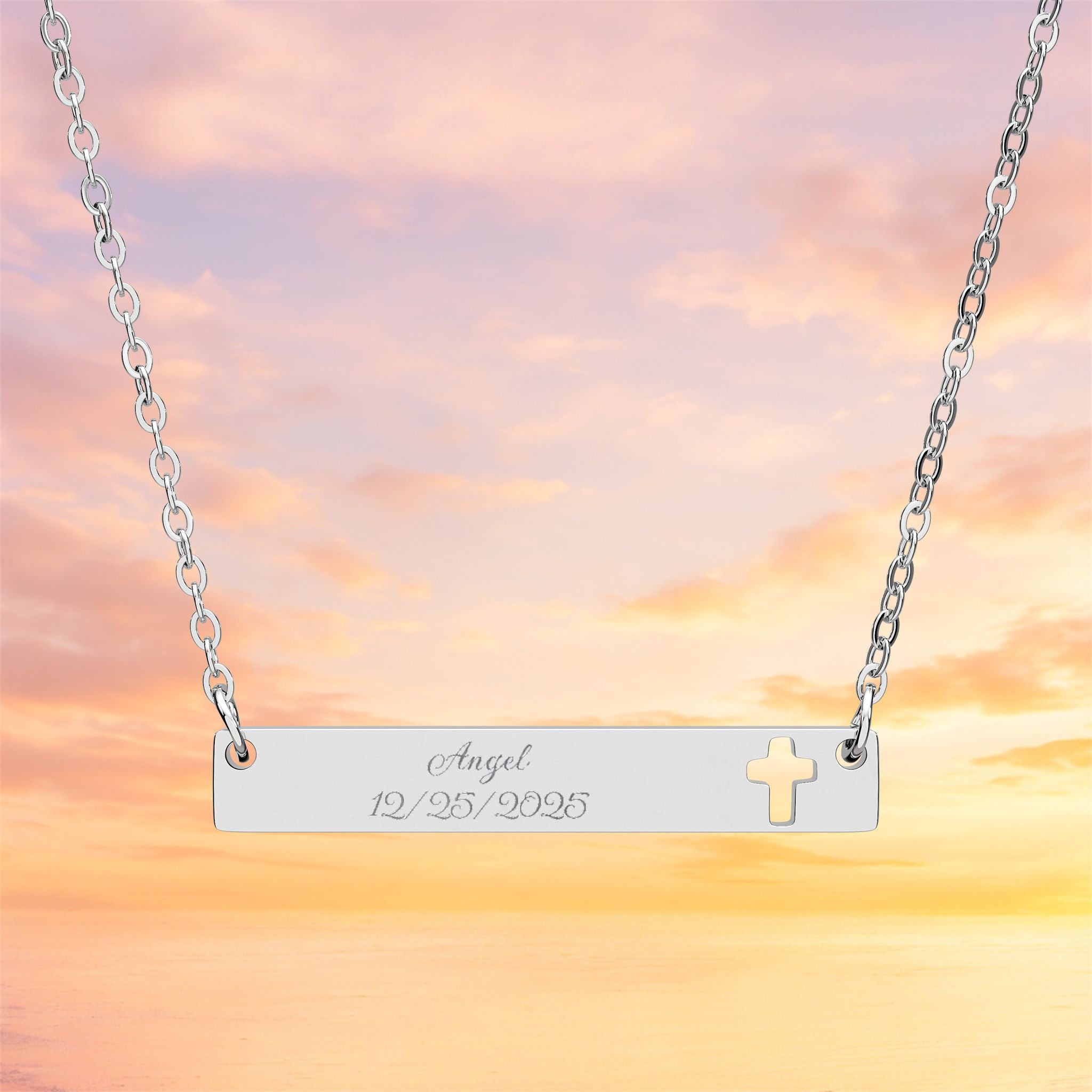 Cutout Cross Bar Necklace | Engraved Bar Pendant, Christian Jewelry
