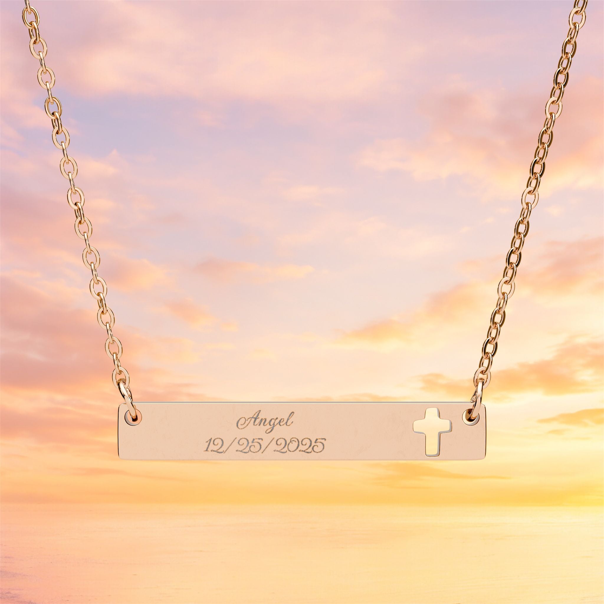 Cutout Cross Bar Necklace | Engraved Bar Pendant, Christian Jewelry