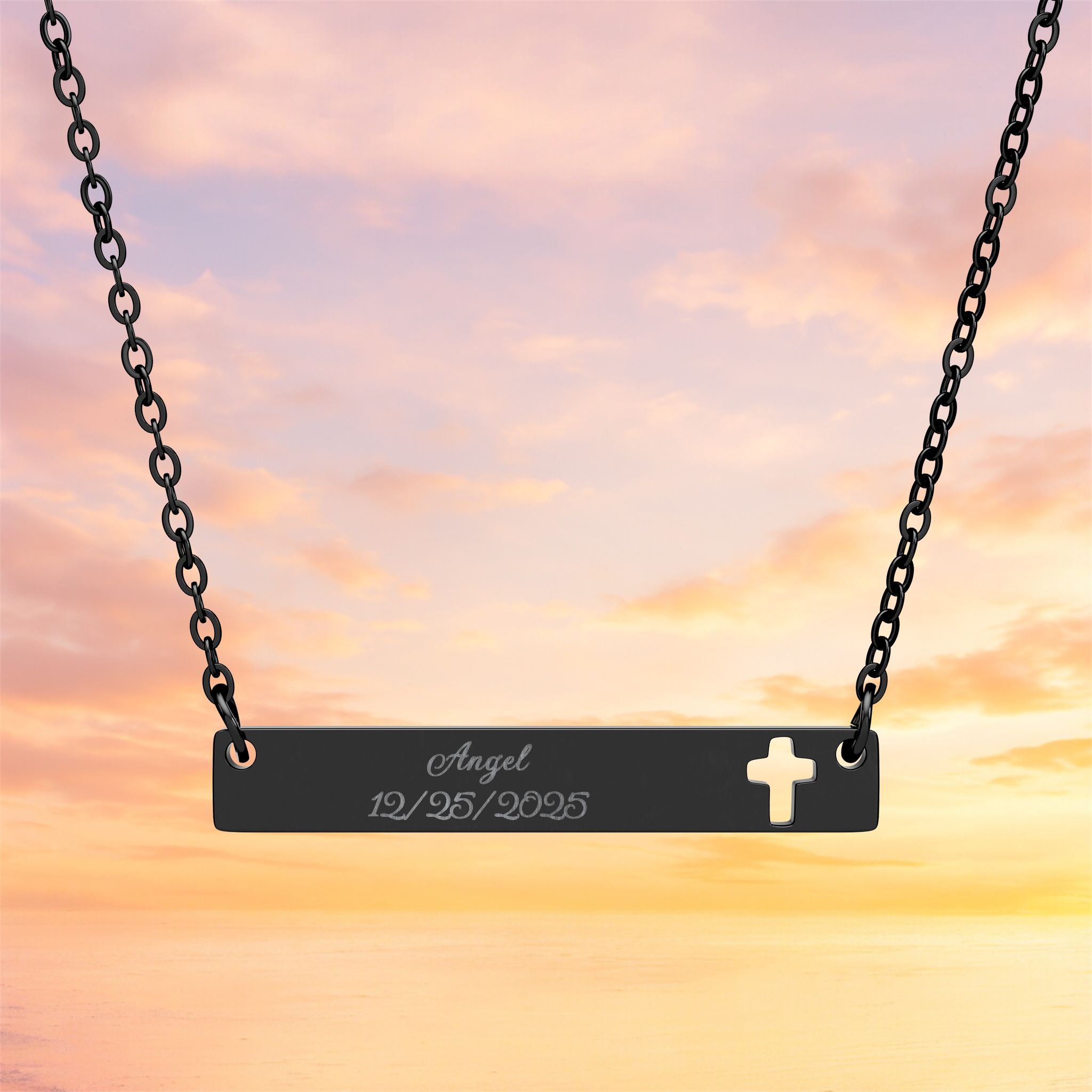 Cutout Cross Bar Necklace | Engraved Bar Pendant, Christian Jewelry