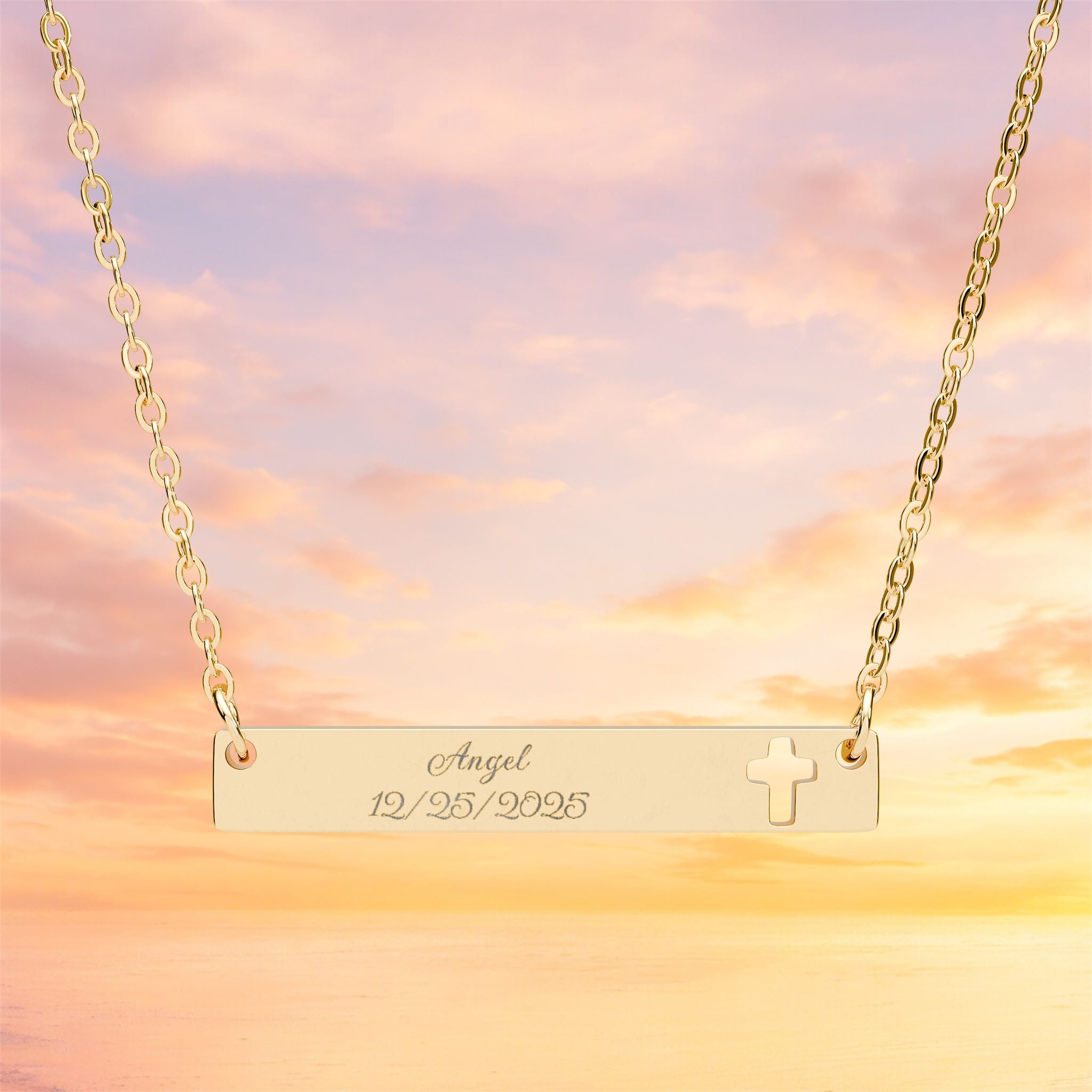 Cutout Cross Bar Necklace | Engraved Bar Pendant, Christian Jewelry