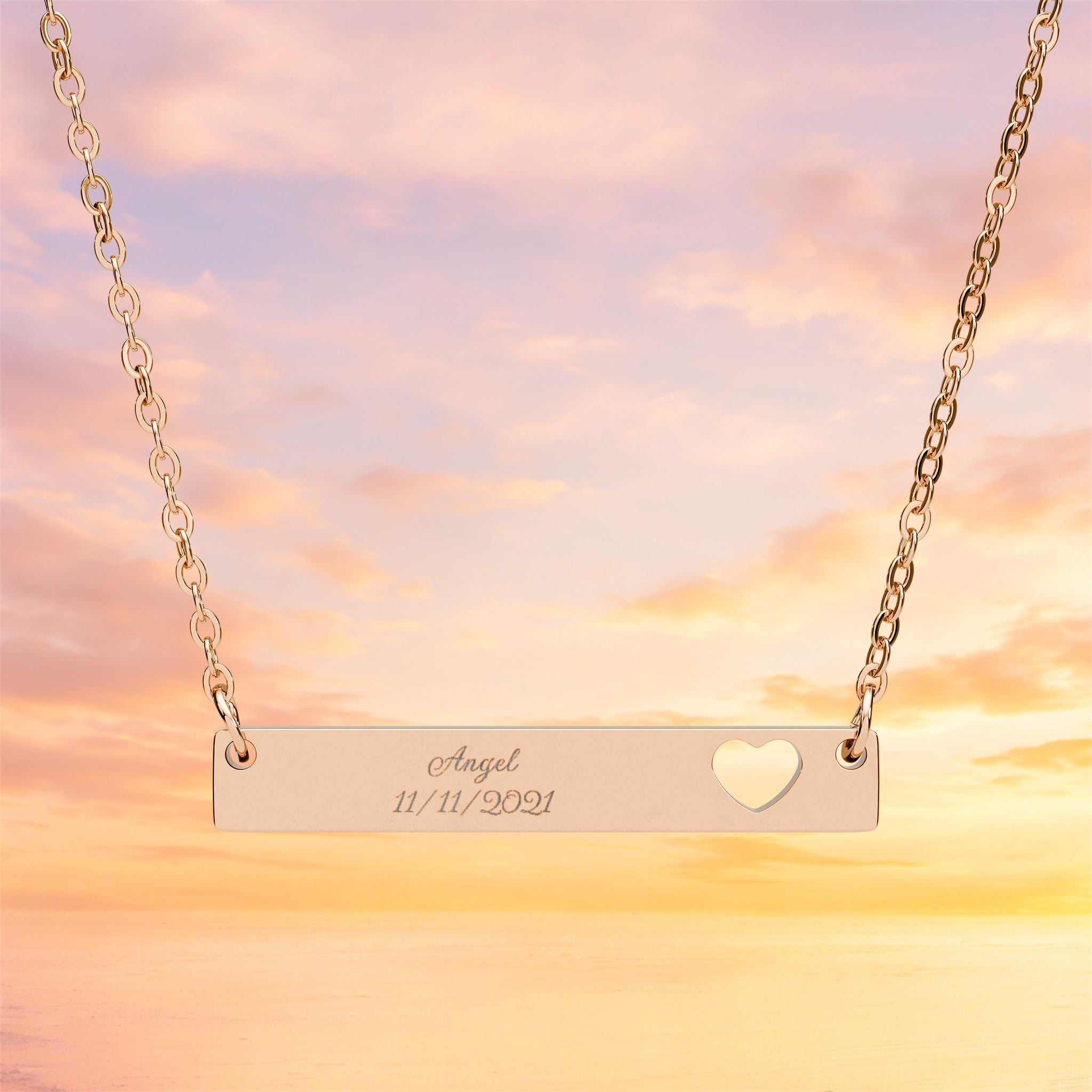 Cutout Heart Bar Necklace, Engraved Bar Necklace | Personalized Name Bar