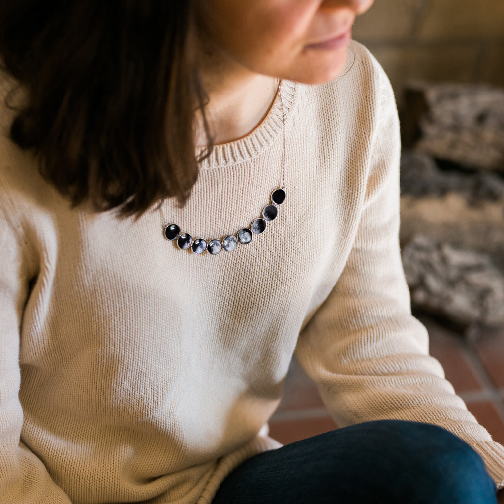 Curved Moon Phase Necklace | Nine Lunar Phases Celestial Timeless Jewelry Gift For Her
