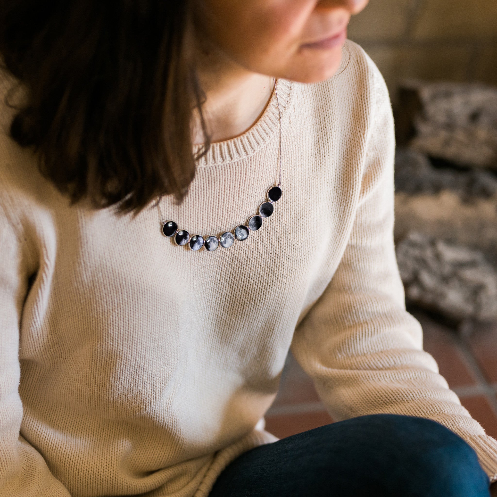 Curved Moon Phase Necklace | Nine Lunar Phases Celestial Timeless Jewelry Gift For Her