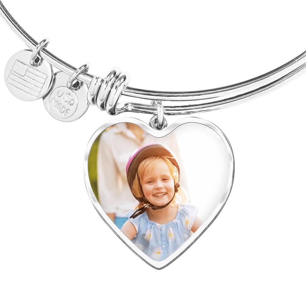 Custom Photo Heart Bangle with Engraving | Personalized Jewelry Gift for Her