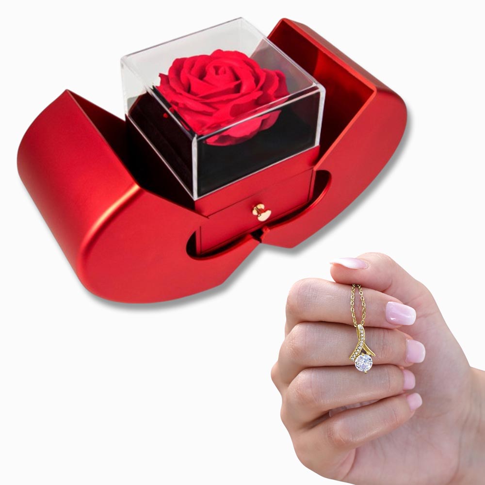 Preserved Rose Jewelry Box with Sparkling Pendant – Romantic Gift for Wife or Girlfriend