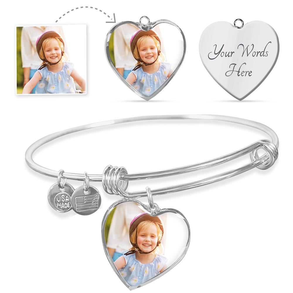 Custom Photo Heart Bangle with Engraving | Personalized Jewelry Gift for Her