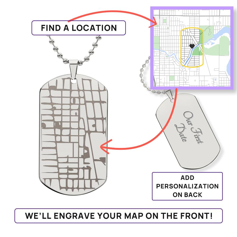Custom Engraved Map Necklace | Personalized Location Dog Tag Gift for Him or Her
